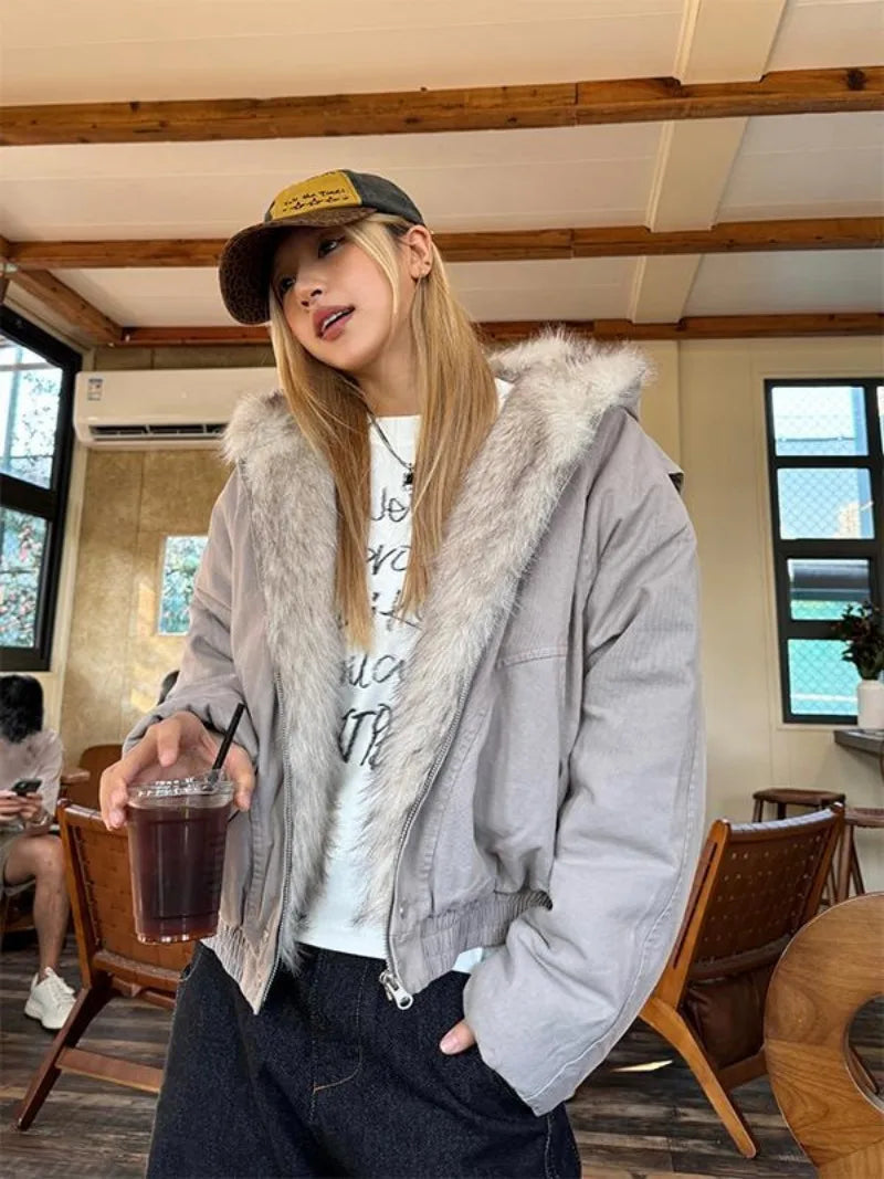 Aiertu  -  American Retro Fur Collar Hooded Jacket Women Y2K Streetwear Winter New Velvet Thickened Warm Harajuku Loose Casual Jacket Aiertu