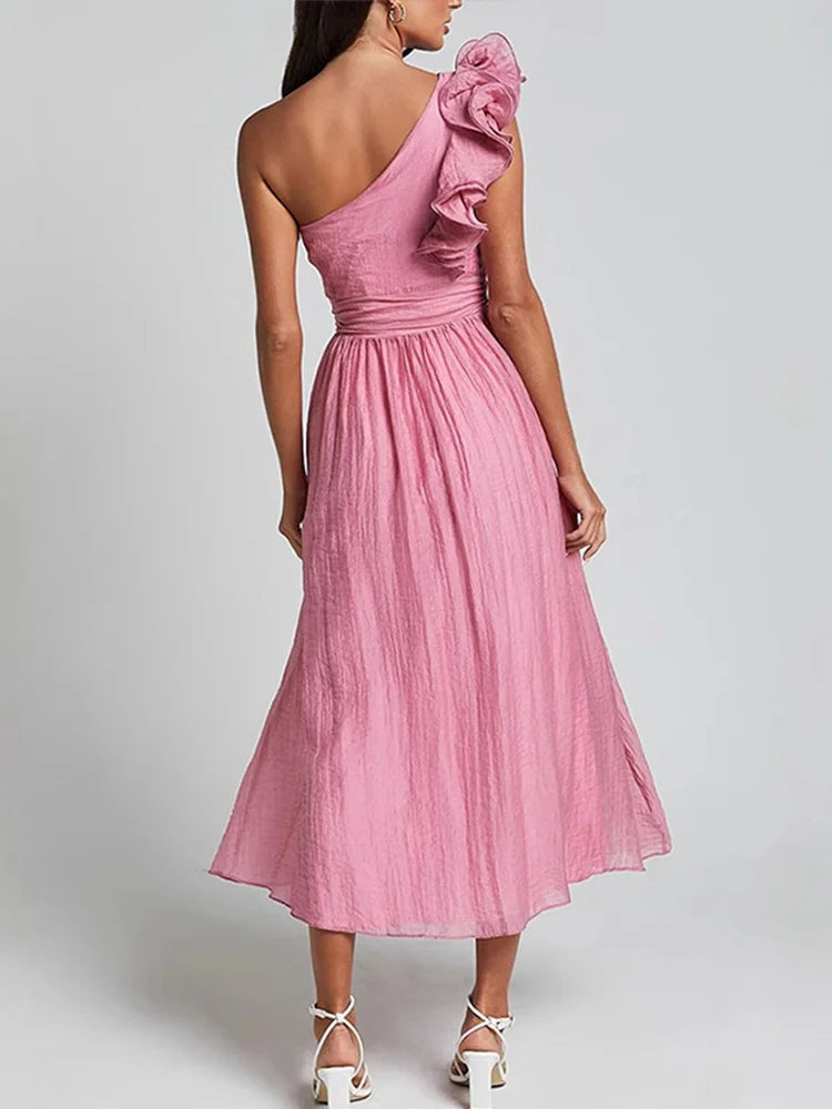 Aiertu  -  Elegant Party Dress Women Skew-collar Pleated A-line Midi Evening Dresses Female 2025 Spring Summer Casual Vacation Lady Robe Aiertu