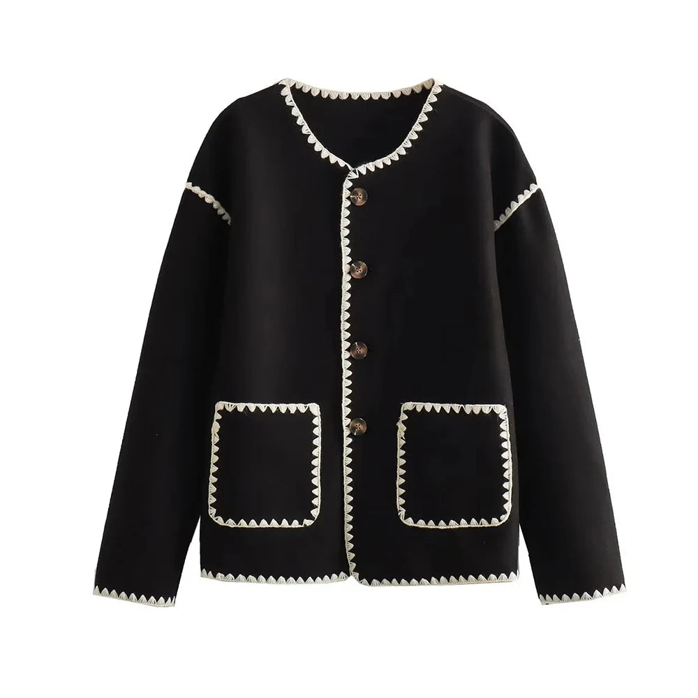 Aiertu  -  Women Fashion With Pockets Contrast Loose Woolen Jacket Coat Vintage Long Sleeve Button-up Female Outerwear Chic Tops Aiertu