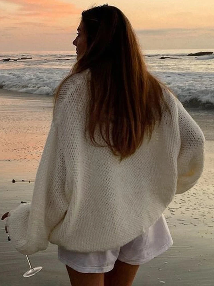 Aiertu  -  White Loose Lazy Sweater Women's Thin Long-Sleeved Pullover Knitted Top Hollow Out Fashion Autumn Female Casual Knitwear Aiertu