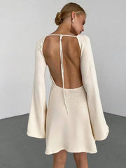 Aiertu  -  Womens Flare Sleeve Lace-up Backless Pink Sweater Dress Ladies Autumn High Waist Hollow Out Knitted White Party Vacation Dresses Aiertu