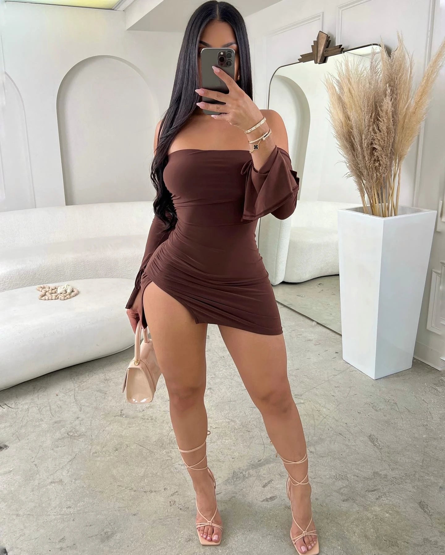 Aiertu Women Strapless Backless  Mini Dress For Women Black Off-shoulder Long Sleeve Bodycon Club Party Dress Clothes Aiertu