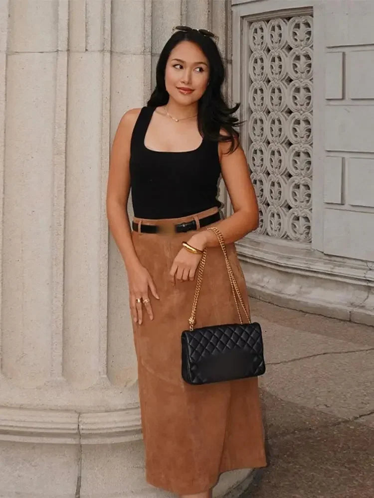Aiertu  -  Women Elegant Suede Leather Midi Skirt Fashion High Waist Loose A-line Long Skirts 2026 Female High Street Commuting Casual Wear Aiertu