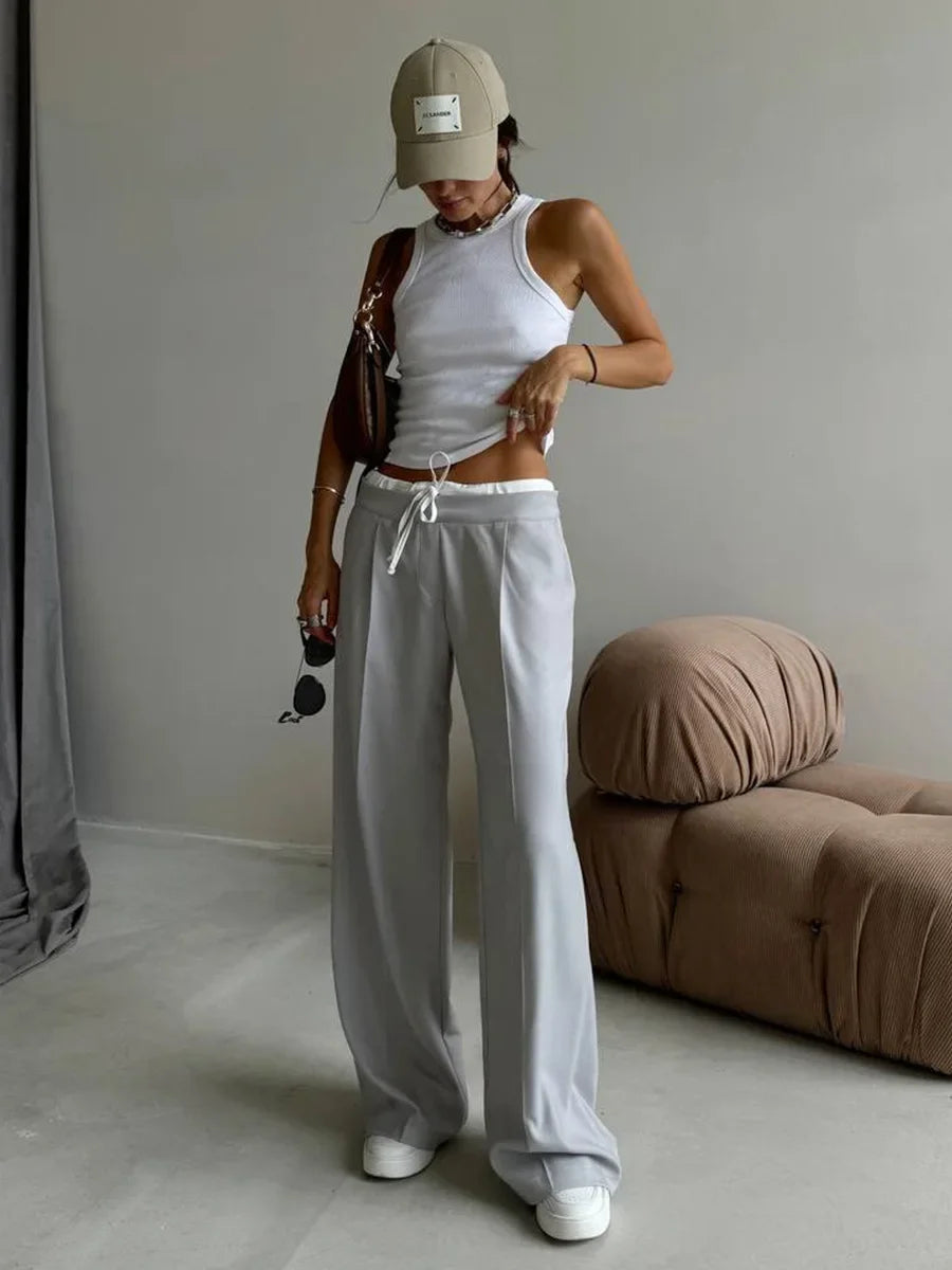 Aiertu  -  Women's Spring New Fake Two Piece Lace Up Loose Casual Pants Fashion Straight Leg Pants Female Retro Commuter Suit Pants Aiertu