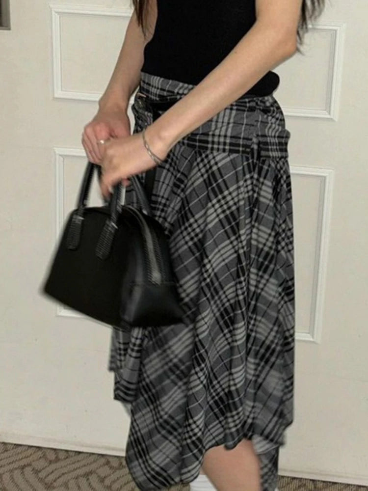 Aiertu  -  Y2k Aesthetic Vintage Plaid Skirts Womens Harajuku High Waist Irregular Vintage Skirt Streetwear Preppy Style Gothic Faldas Aiertu