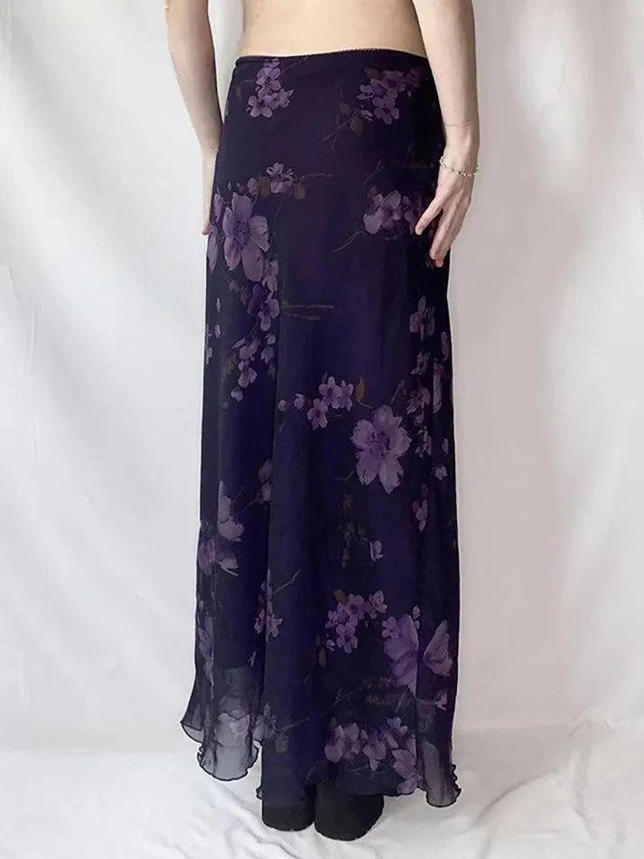 Aiertu  -Purple Floral Print Mesh Maxi Dress aiertu