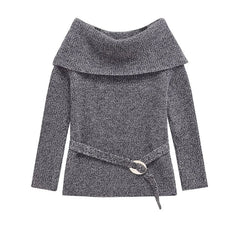 Aiertu  -  High Street Women Sexy Off Shoulder Knit Sweater Long Sleeve With Belt Slim Gray Pullover Female Autumn Winter Knitwear Aiertu