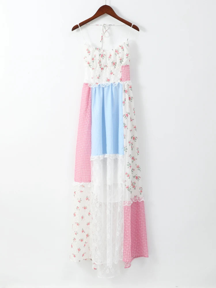 Aiertu  -  Elegant Print Perspective Lace Patchwork Long Dress Women Halter Backless Sleeveless Dresses Summer Lady Sweet High Street Robe Aiertu