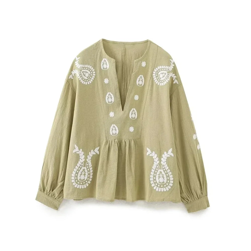 Aiertu  -  Paisley Flower Embroidery Autumn Blouse Women Loose Casual Cotton Linen Blusa Mujer Blusas Para Mujer Women Clothing Aiertu