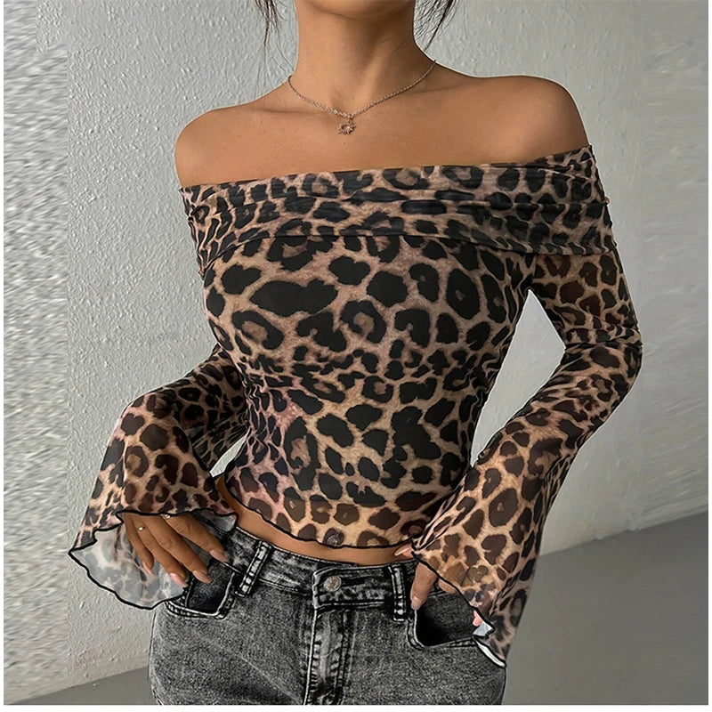 Aiertu  -  Women's Leopard T-shirt Harajuku Korean Y2k Tee Top Vintage Off Shoulder Long Sleeve Slim T-shirts 2000s Trashy Clothes Autumn Aiertu