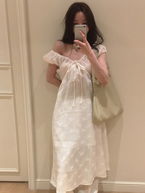 Aiertu  Ele Embroidered A-Line Dr Women's Summer Chic Bow-Tied Long Gown Gentle Sle Korean High Waist ort Sve V-Ne Aiertu