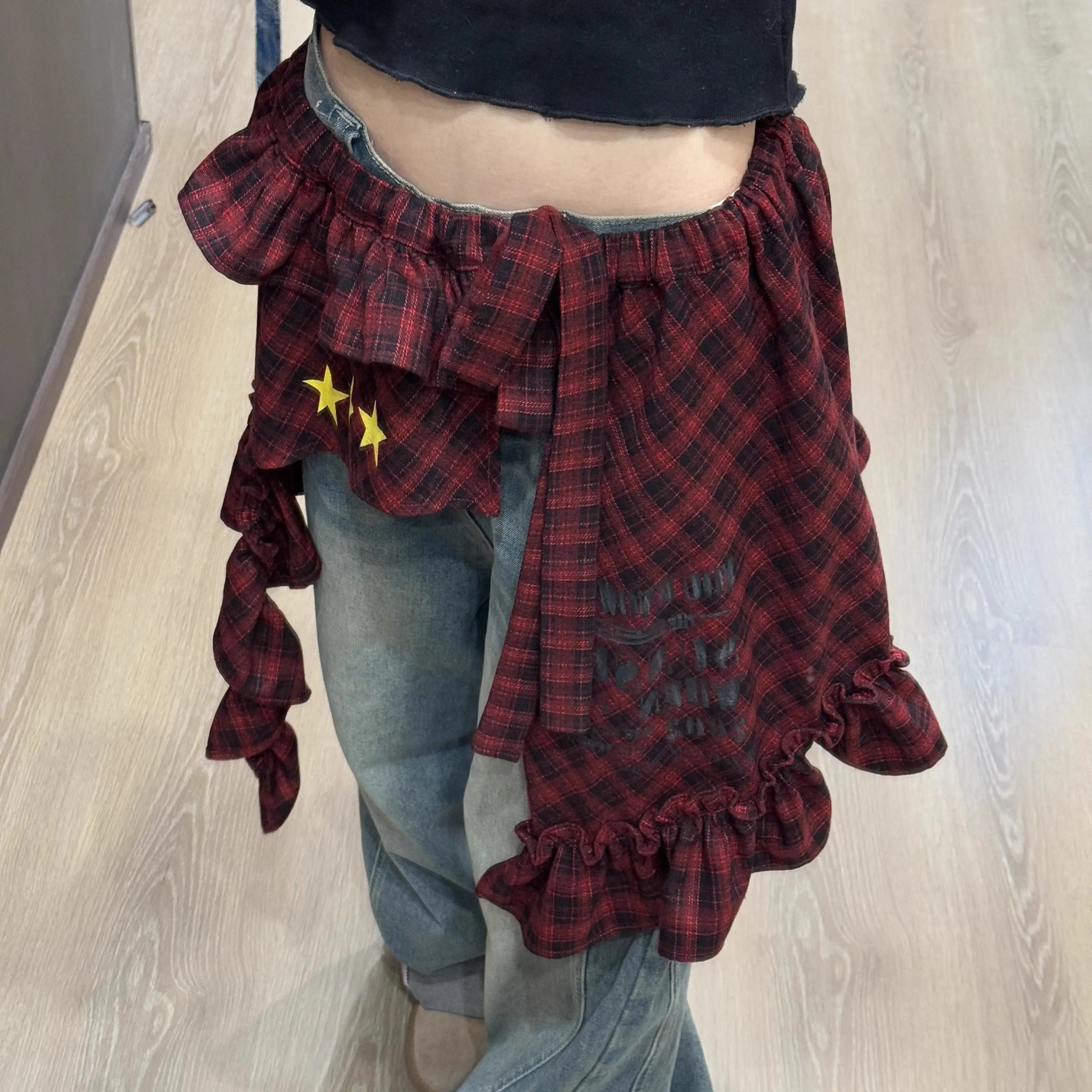 Aiertu  -  Y2k Aesthetic Plaid Irregular Ruffled Skirts Vintage Women Streetwear Letter Print Faldas Harajuku Grunge Casual Bandage Skirt Aiertu