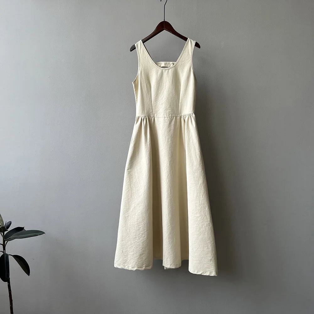 Aiertu  -  Fashion Sleeveless Long Dress Cotton Blend Solid Color Casual Summer New Dress A-line Backless Vacation Beach Dresses For Women Aiertu