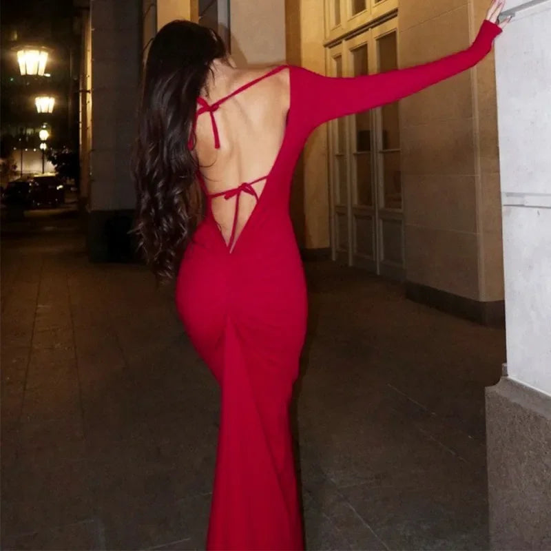 Aiertu  -  party look snspos Hollow Backless Long Dress Women's Sexy Patchwork Lace Up Halter Neck Slim Dress High Waist Summer Party Evening Dress Aiertu