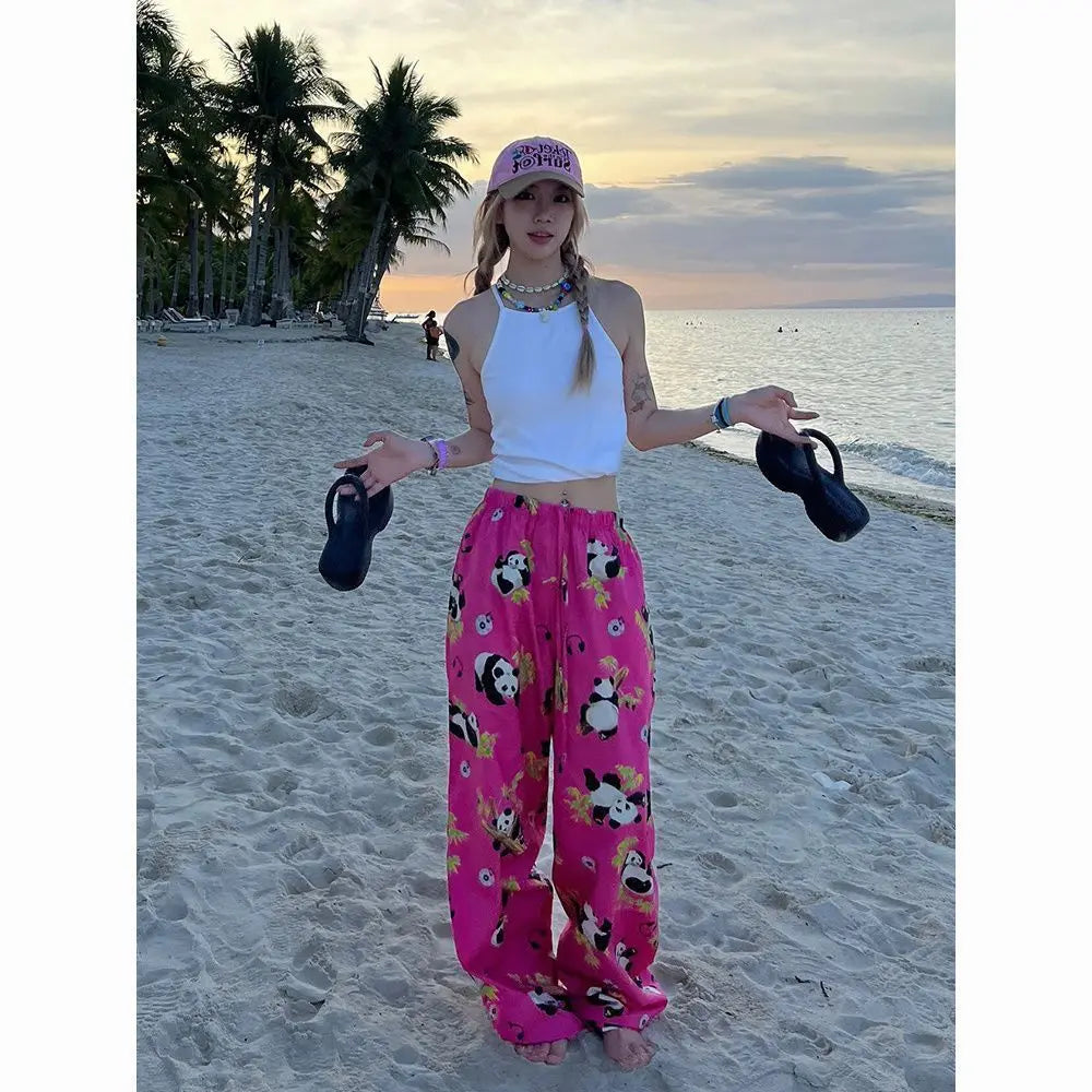 Aiertu  -  High waist drape wide casual women's summer printed legs cartoon trousers new loose drawstring fashion dopamine trousers women Aiertu