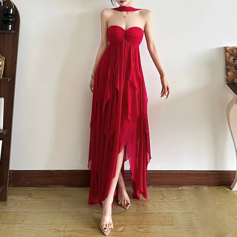 Aiertu  -  Chiffon Red Party Dresses Sexy Elagant Irregular Ruffle Sleeveless Backless Long Dresses for Women P94-FI59 Aiertu