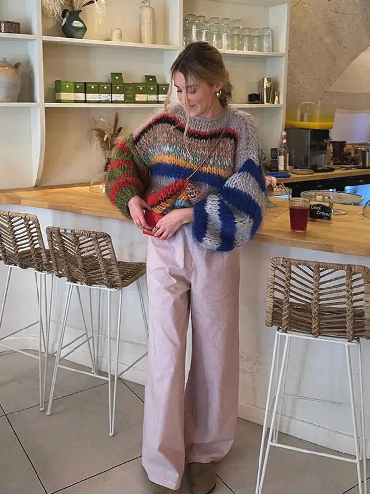 Aiertu  -  Casual Knitted Colorful Stripes Sweater Women Fashion O Neck Puff Long Sleeves Short Pullover Autumn Lady High Street Jumper Aiertu