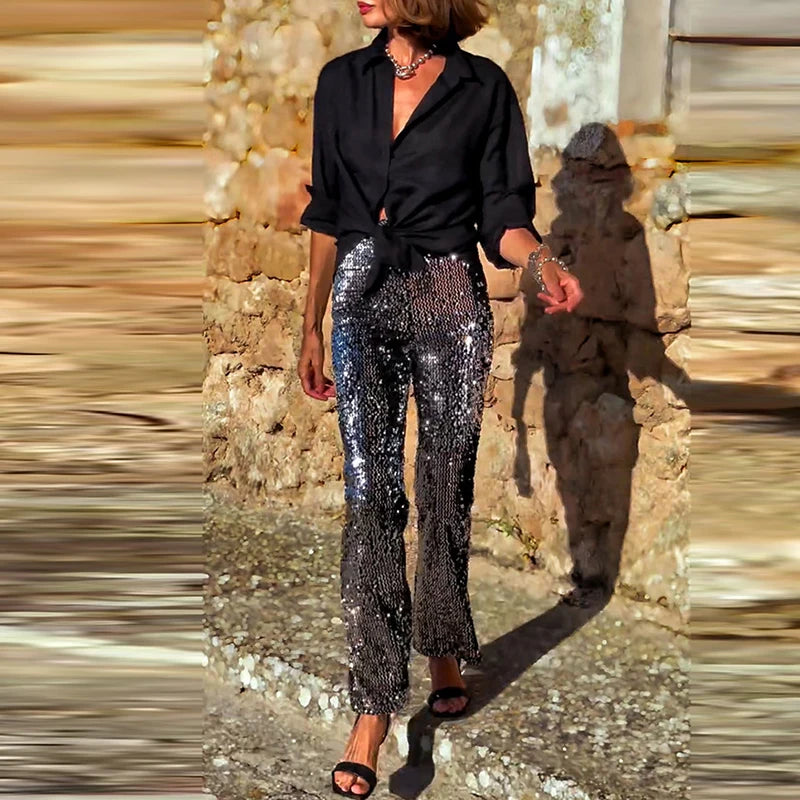 Aiertu  -  Casual High Street Party Trousers Fashion Shiny Sequins Slim Fit Straight Long Pants Women Elegant Elastic Waist Wide Leg Pants Aiertu