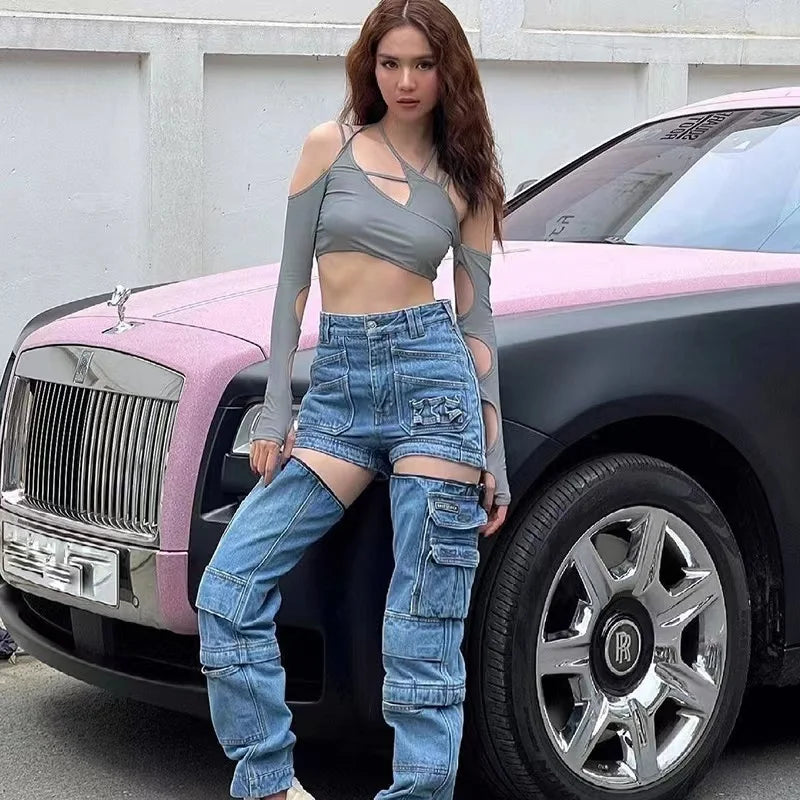 Aiertu  -  Hollow Out Crop Top for Girls, Off Shoulder Halter, Oversleeve Backless Patchwork, Summer Urban Leisure Streetwear, Y2K Aiertu