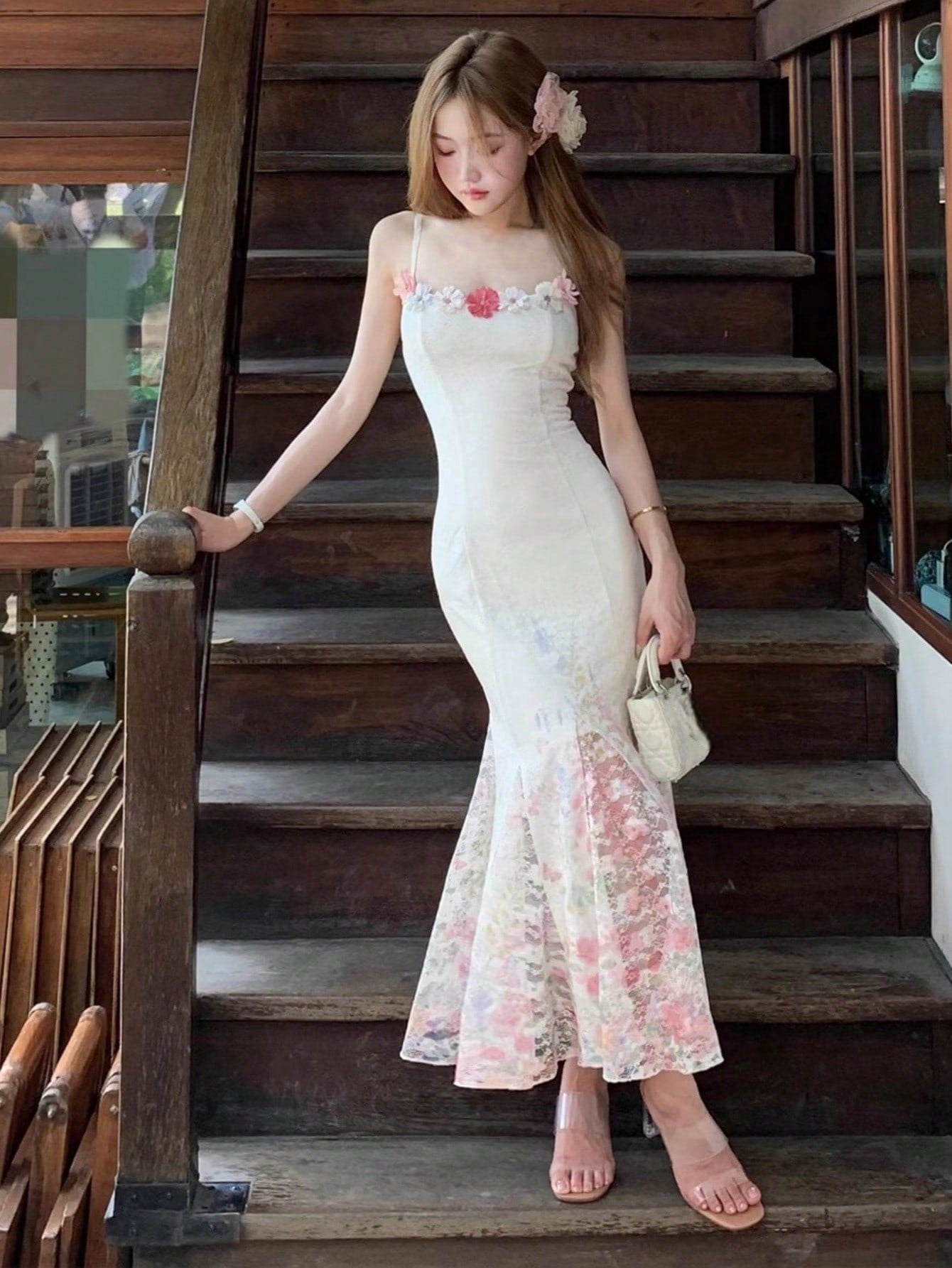 Aiertu  Women Elegant Floral Printed Lace Spliced Spaghetti Strap Mermaid Dress Chic Wedding Guest Evening Praty Dress Vacation Clothes Aiertu