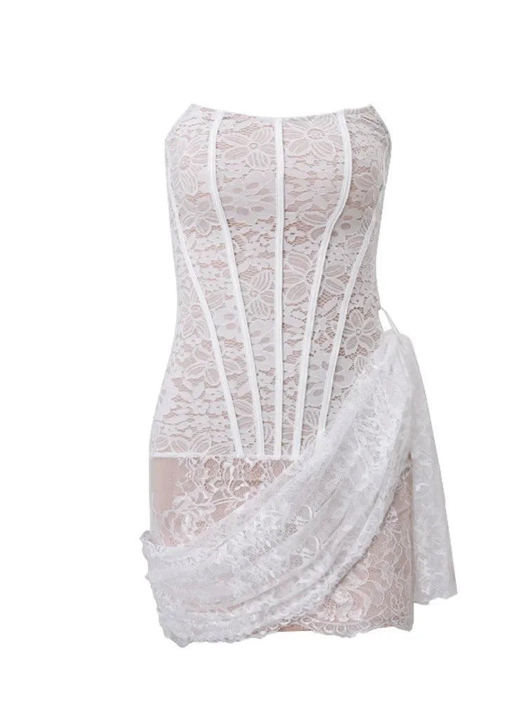 Aiertu  -  Women Lace Half See Through Irregular Pleated Mini Dress Sexy Strapless Backless Wrap Waist Short Robe Female Night Club Vestido Aiertu