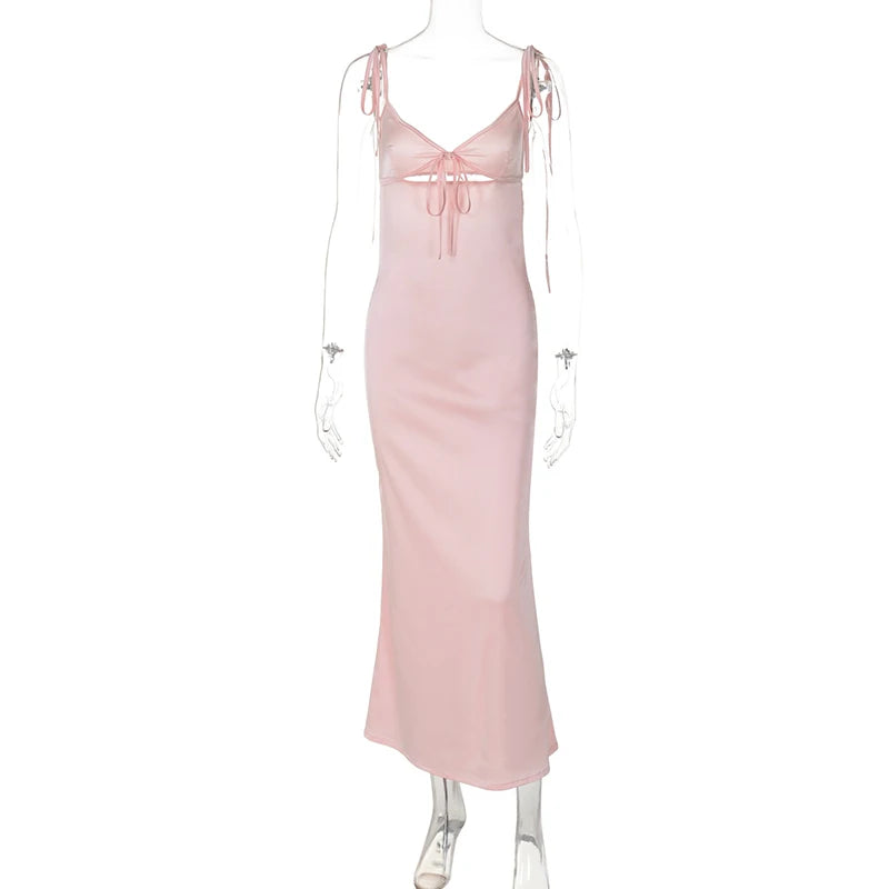 Aiertu  -  V-neck Cut Out Lace-Up Spaghetti Strap Dress For Women Summer Beach Long Dress Fashion Sexy Sleeveless Slim Gown Clothes Aiertu