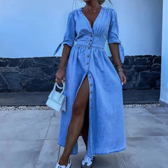 Aiertu  -  Fashion Single-breasted V-neck Denim Dress Elegant Hight Waist Tie-up Half Sleeves Party Dress Casual Solid Long Dress Vestidos Aiertu
