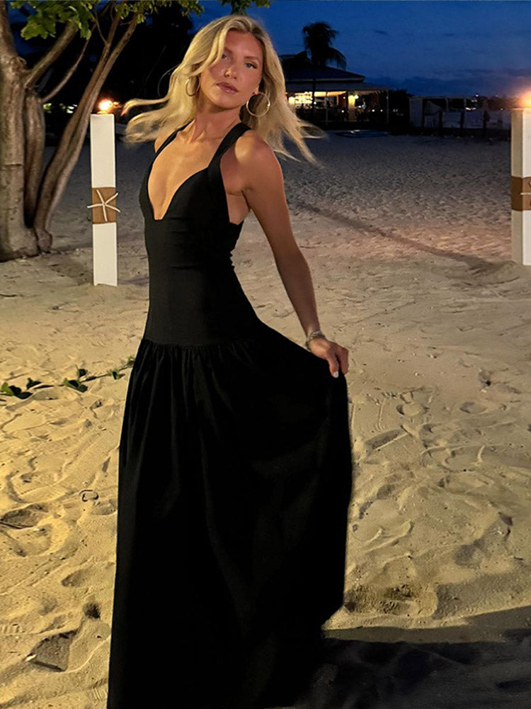 Aiertu  -  Sexy Black Deep V-neck Sling Long Dress Patchwork Backless Sleeveless Dresses 2025 New Spring Summer Female High Street Vestidos Aiertu