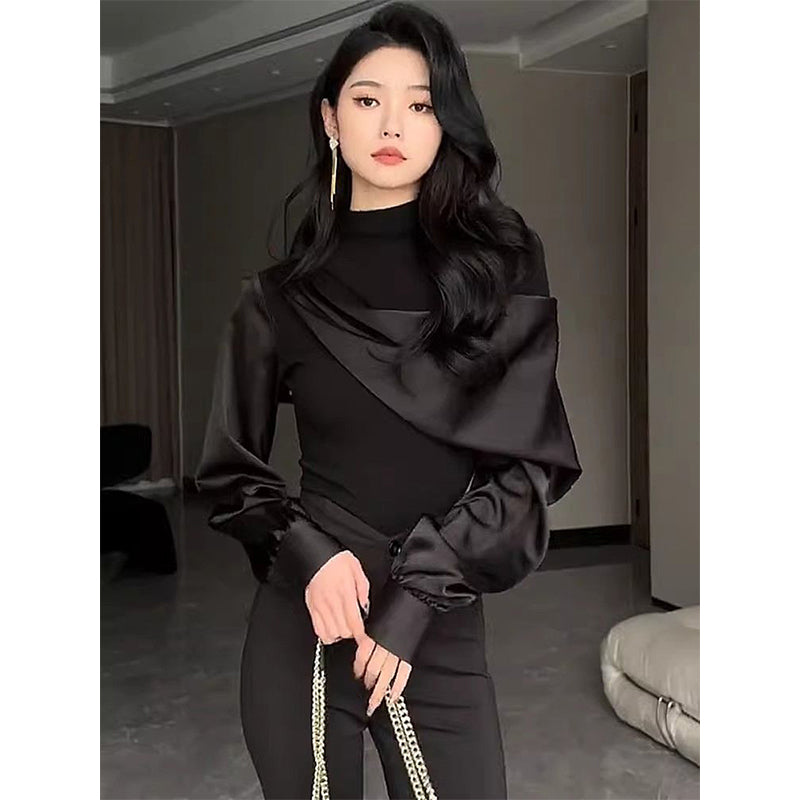 Aiertu Elegant Black Shirts Women Fashion Luxury Patchwork Blouses Office Ladies Korean Long Sleeve Slim Chic Design Tops New Aiertu