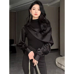 Aiertu Elegant Black Shirts Women Fashion Luxury Patchwork Blouses Office Ladies Korean Long Sleeve Slim Chic Design Tops New Aiertu