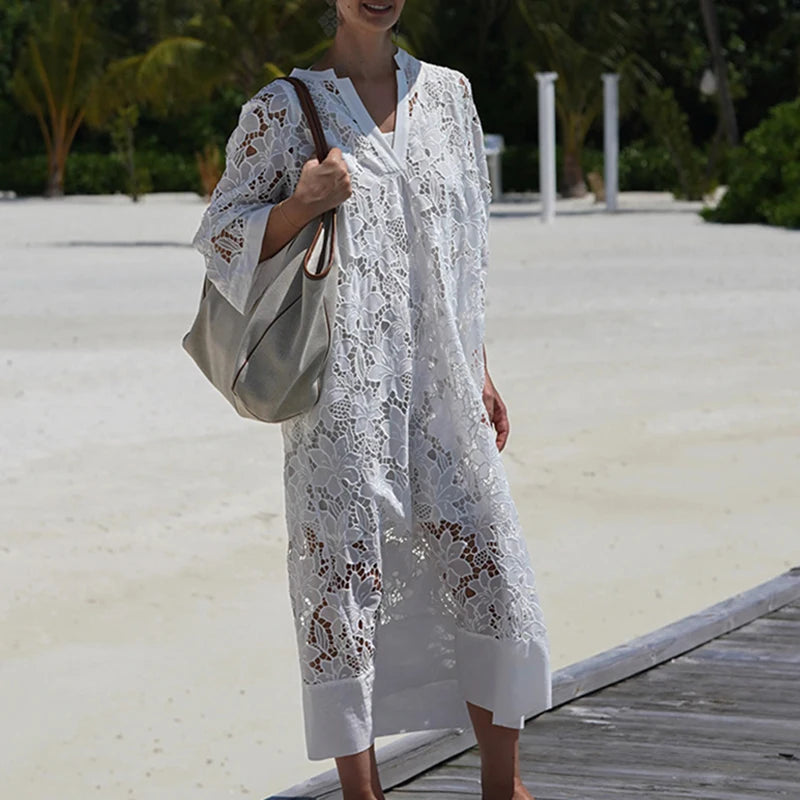 Aiertu  -  2025 Lady Fashion Vacation Long Dress White Women's V Neck Lace Embroidered Party Dress Elegant 3/4 Sleeve Patchwork Loose Dress Aiertu
