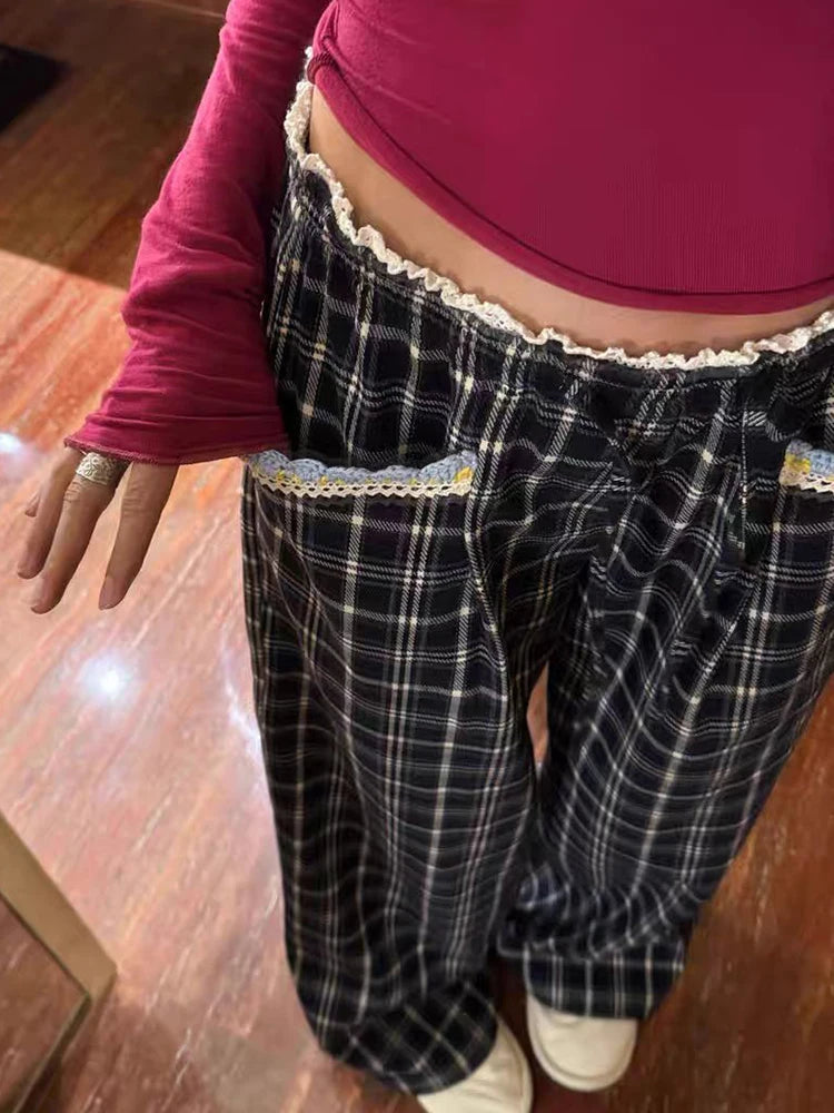 Aiertu  Lace Patchwork Plaid Pants Women Loose Vintage High Waist Trousers Casual Korean Design Female Sweet Wide Leg Pants Spring Aiertu