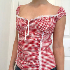 Aiertu  -  Women Y2k Gingham Tank Top Sleeveless Coquette Aesthetic Plaid Print Cami Crop Top Summer Fairycore Grunge Top Streetwear Aiertu