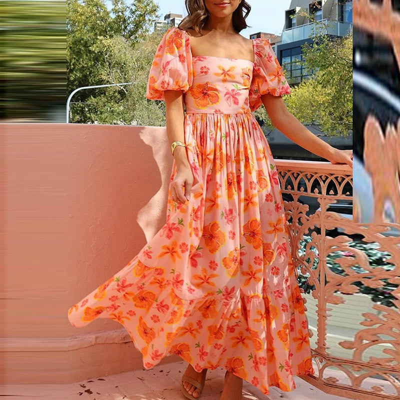 Aiertu  -  Elegant Floral Print High Waisted Dress New 2024 Fashion Square Neck Pleated Holiday Dress Women Casual Puff Sleeve Party Dress Aiertu