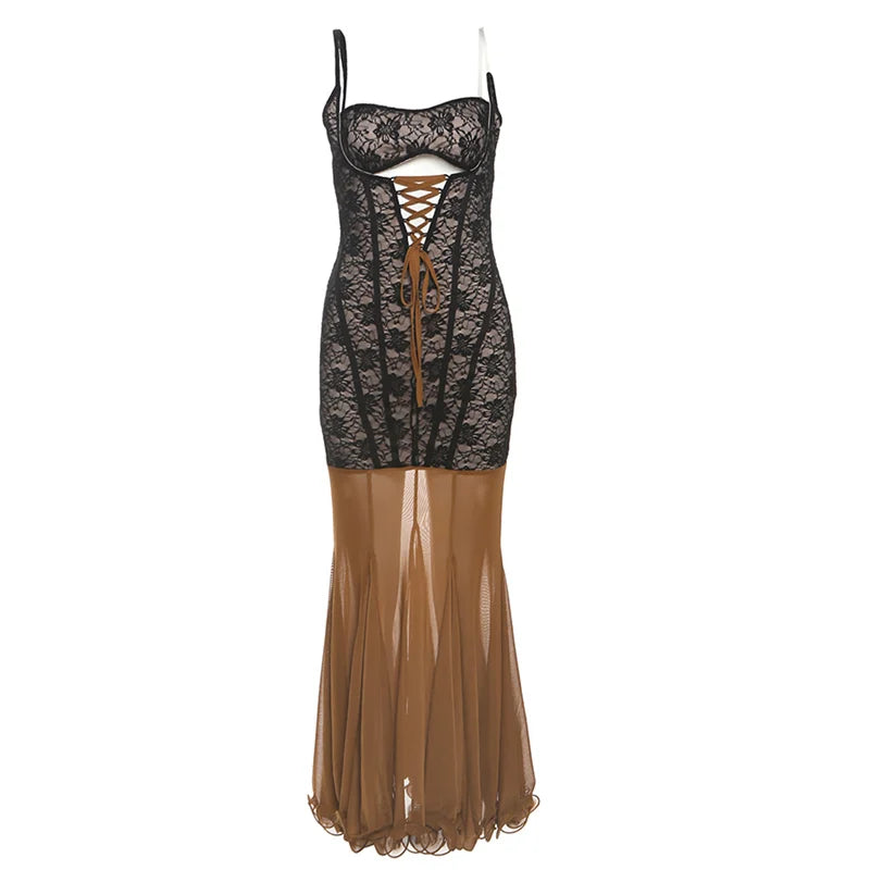 Aiertu  -  Backless Sleeveless Mesh Patchwork Jacquard Maxi Dress Women Hollow Cross Bandage Fishtail Low-Neck Vacation Vestidos Aiertu