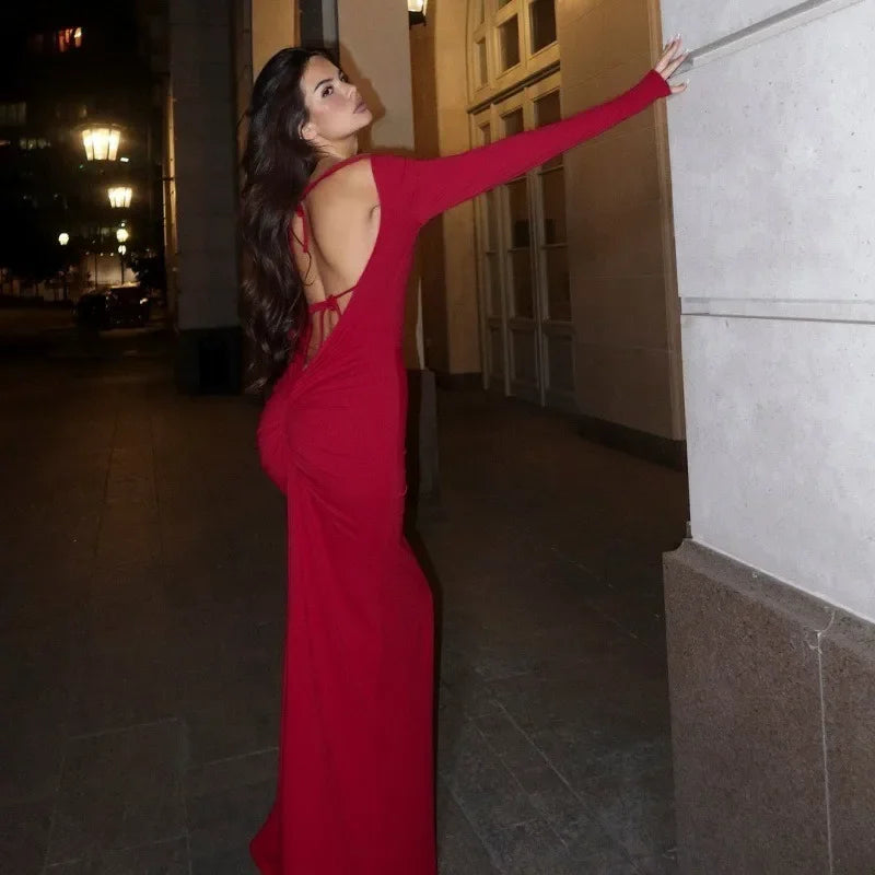 Aiertu  -  party look snspos Hollow Backless Long Dress Women's Sexy Patchwork Lace Up Halter Neck Slim Dress High Waist Summer Party Evening Dress Aiertu