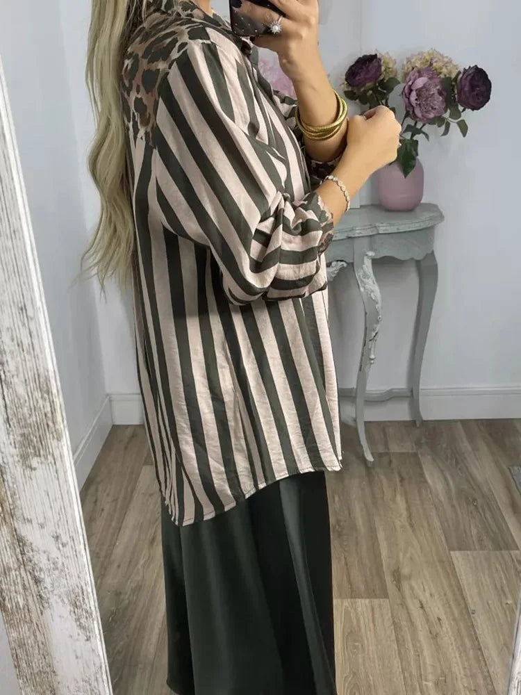 PICSGIRL  -  Autumn Winter Loose Patchwork Simple Top, Women Single-Breasted Fashion Blouses, Long Sleeve Striped Ladies Cardigan Shirts Aiertu