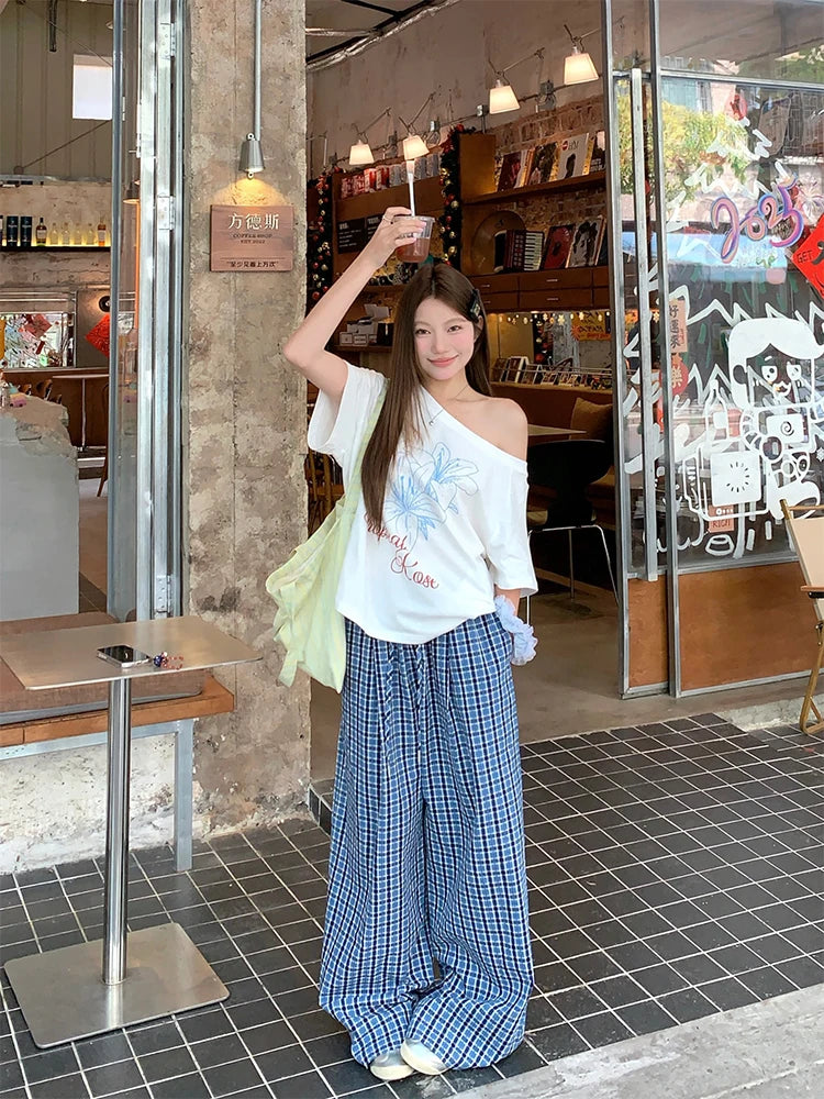 Aiertu  -  Casual Plaid Wide Leg Long Pants Summer Women Elastic High Waist Loose Trousers Female Woman Clothes 2025 Aiertu