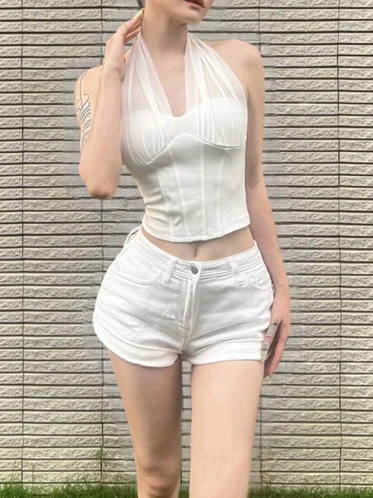 Aiertu  Sexy Gauze Patchwork Halter Bandage Tank Top Y2k Aesthetic Pleated Grunge Crop Camisole Women Streetwear Backless Bodycon Tanks Aiertu