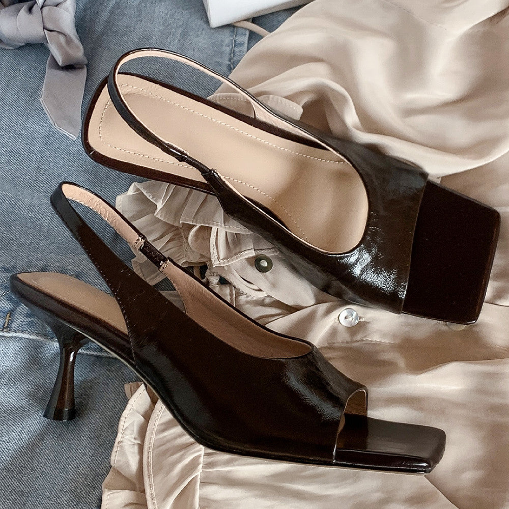 Aiertu  -  Women's genuine leather thin high heel square toe slip-on sandals elegant ladies evening dress pumps heels daily shoes for women Aiertu
