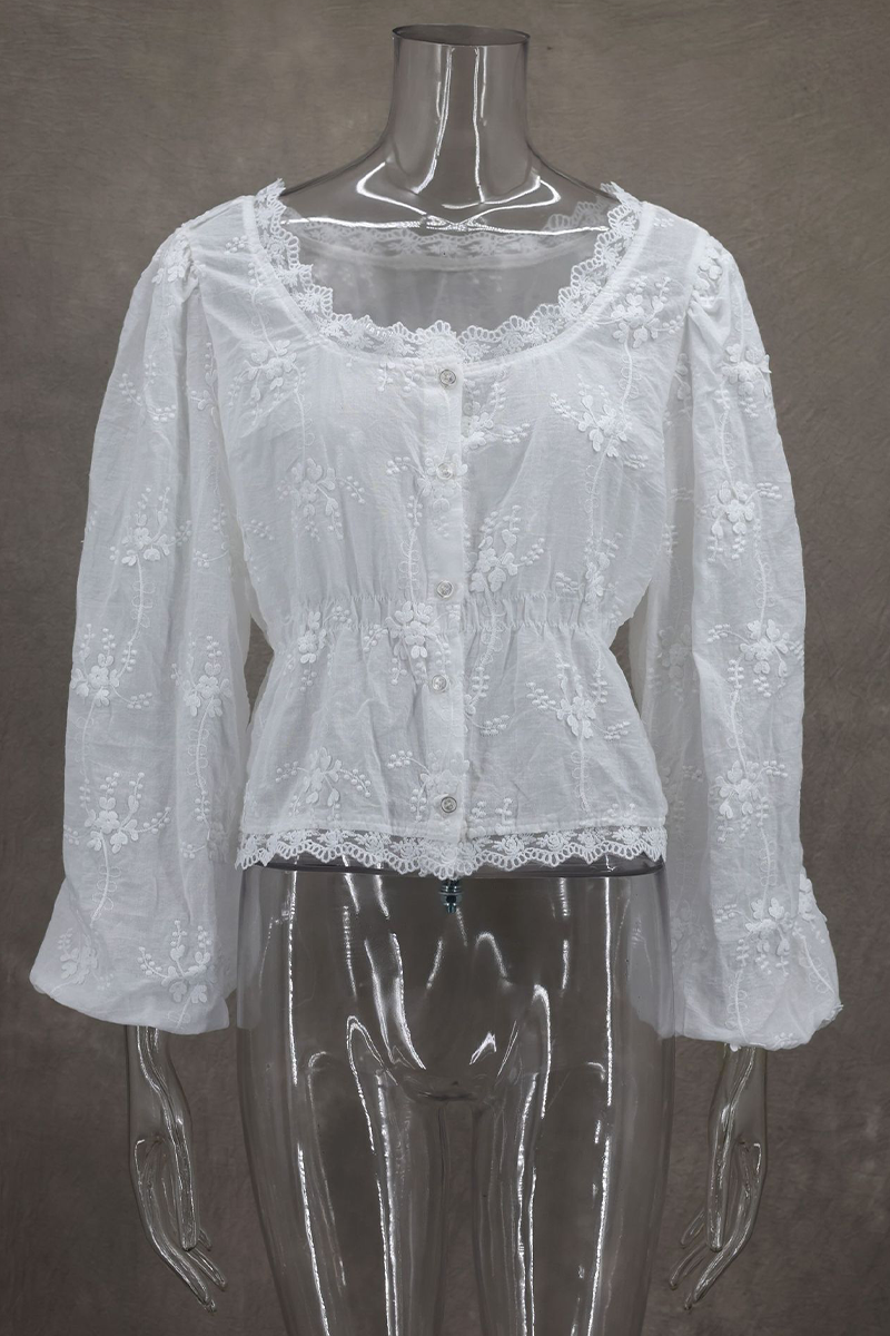 Aiertu  -  Sexy Daily Solid Color Embroidered Buttons See-Through U Neck Blouses Aiertu