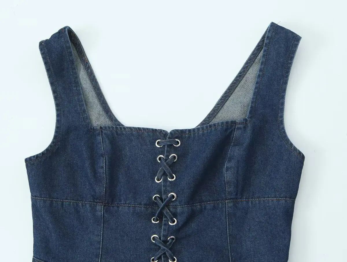 Aiertu  -  Sexy Square Collar Blue Denim Camis Sexy Corset Women Front Cross Lacing up Bandage Bow Tank Tops Back Zipper Slim Crop Top Aiertu