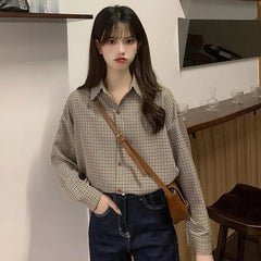 Aiertu Plaid Shirts Women Retro Turn Down Collar Long Sleeve Loose Blouses Harajuku Korean Office Lady Basic Casual Baggy Tops Aiertu