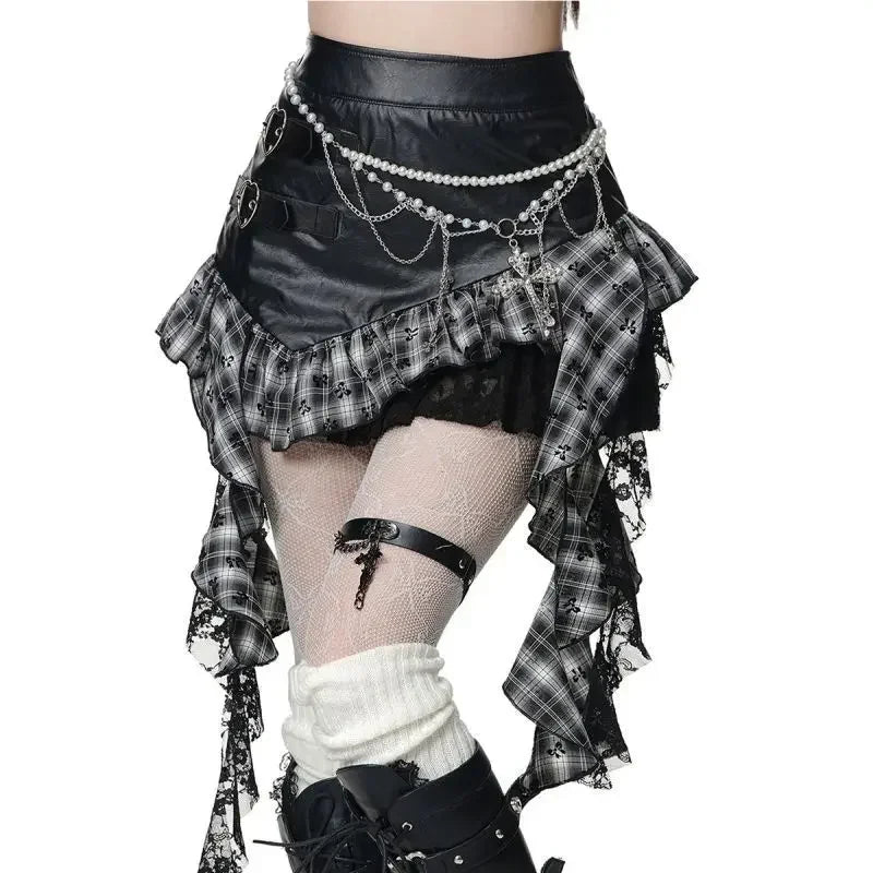Aiertu  -  Y2K Street Trend Asymmetric Design Leather Stitching Lace Short Skirt Women's Shopping Versatile Hip-hugging Fashion Item Skirt Aiertu