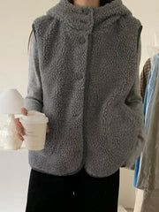 Aiertu  -  Winter New Solid Lambswool Hooded Vest Women Single Breasted Sleeveless Jacket Korean Fashion Casual Pocket Waistcoat Outerwear Aiertu