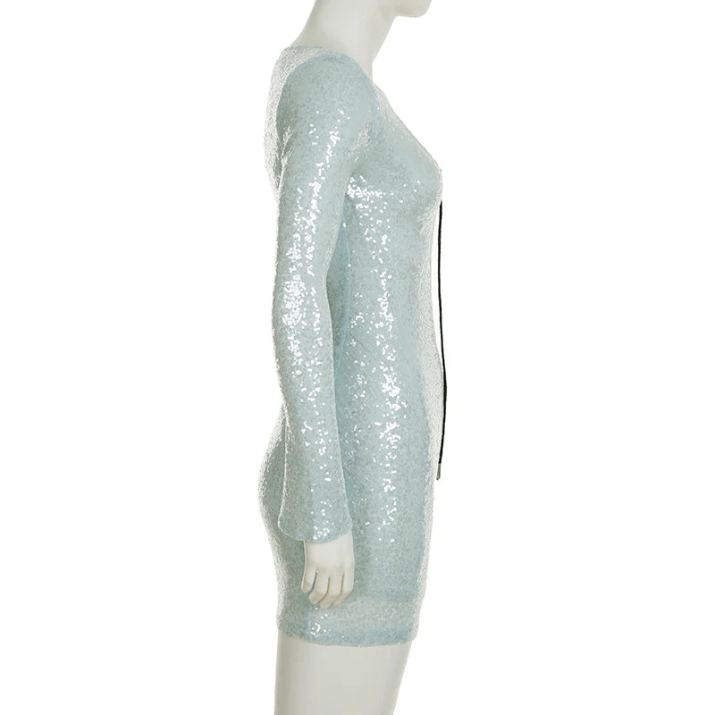 Aiertu  -  Clubwear Sexy Sparkle Glitter Sequined Bodycon Dress Party Dress Slim Solid Bandage Deep V-Neck Long Sleeve Mini Dresses Aiertu