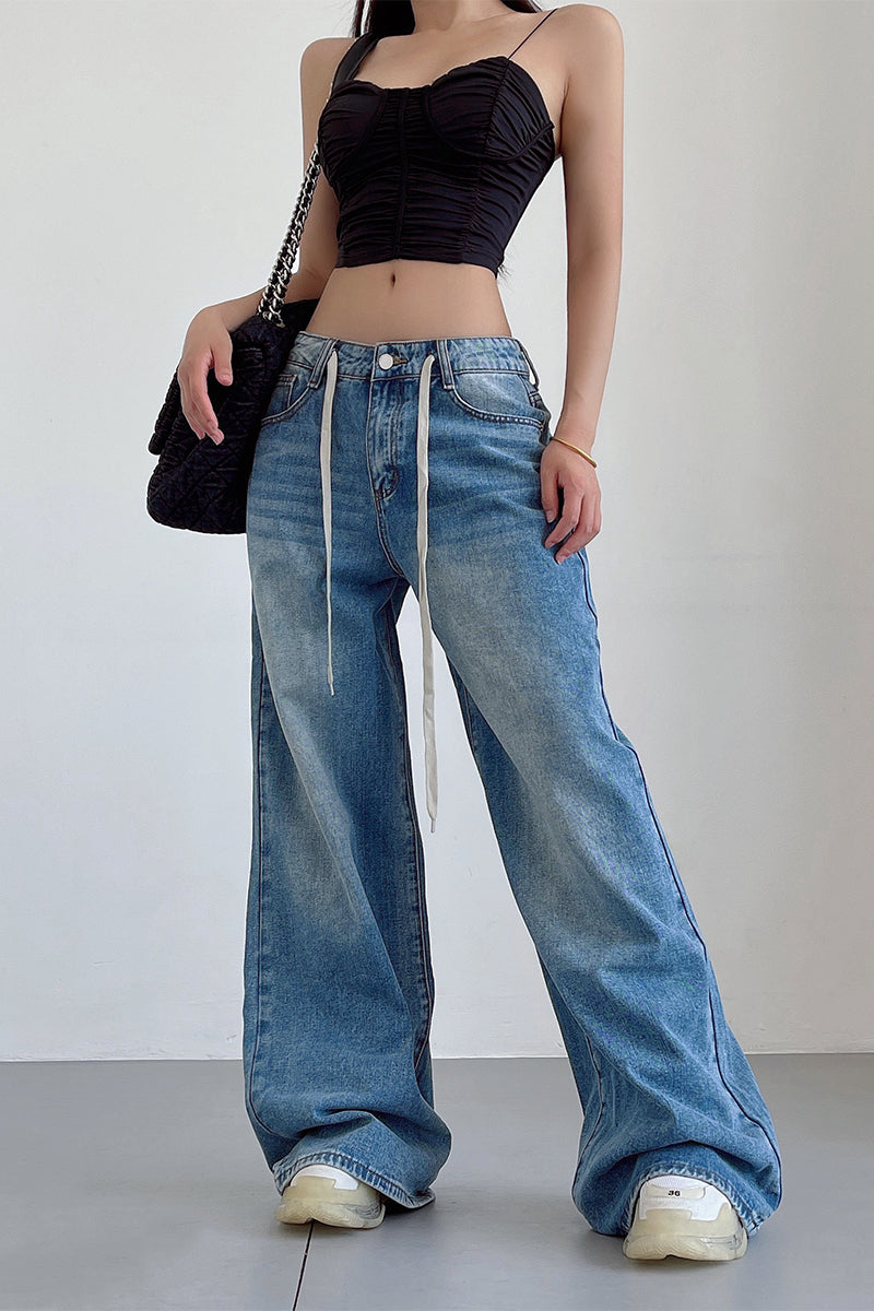 Aiertu Denim Blue Washed Low Rise Straight Leg Jeans Pants Aiertu