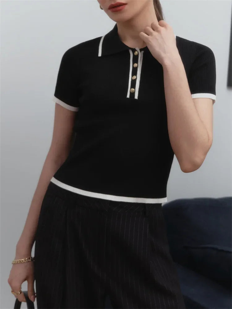 Aiertu  -  Knit Sweater Pullover Women Short Sleeve Patchwork Slim  Elegant Contrast Knitwear Top Female Skinny Ribbed Pullover Aiertu