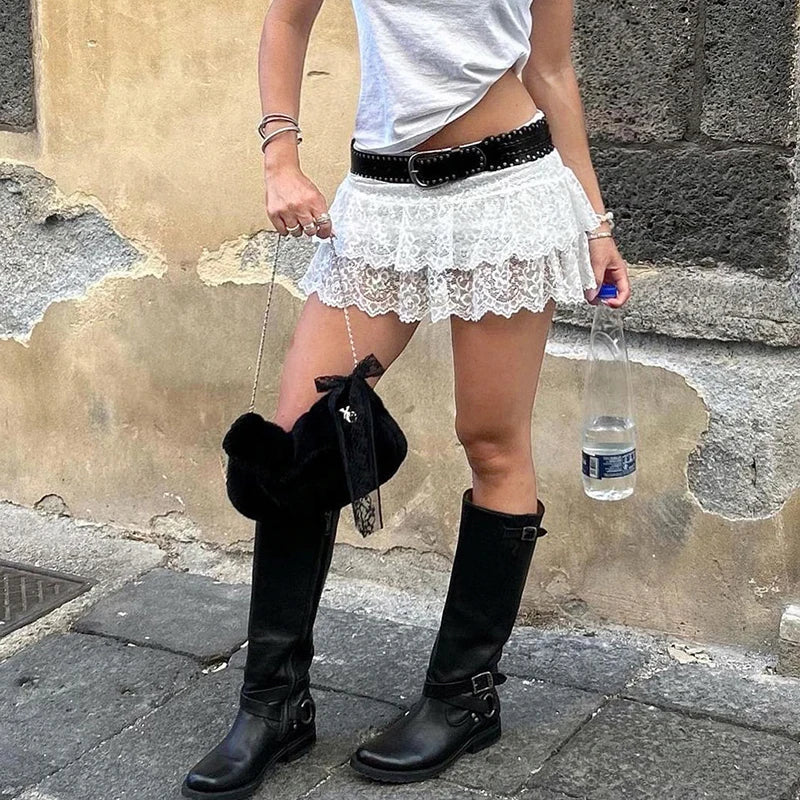 Aiertu  Y2K Aesthetic Lace Mini Skirts Low Waisted Sexy 90s Party Outfits for Women Fashion Streetwear 90s Solid Bottoms Aiertu