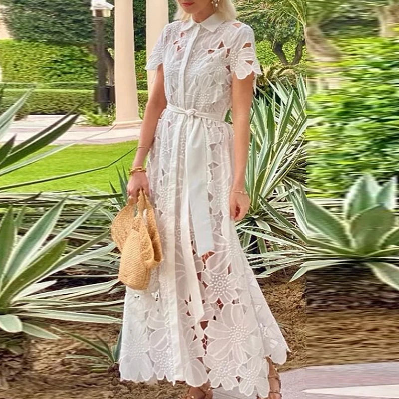 Aiertu  -  Summer Women's Lapel Tie Up Lace Dress Sexy Hollow Short Sleeved Single Breasted Long Dress Casual Solid Color Holiday Dresses Aiertu